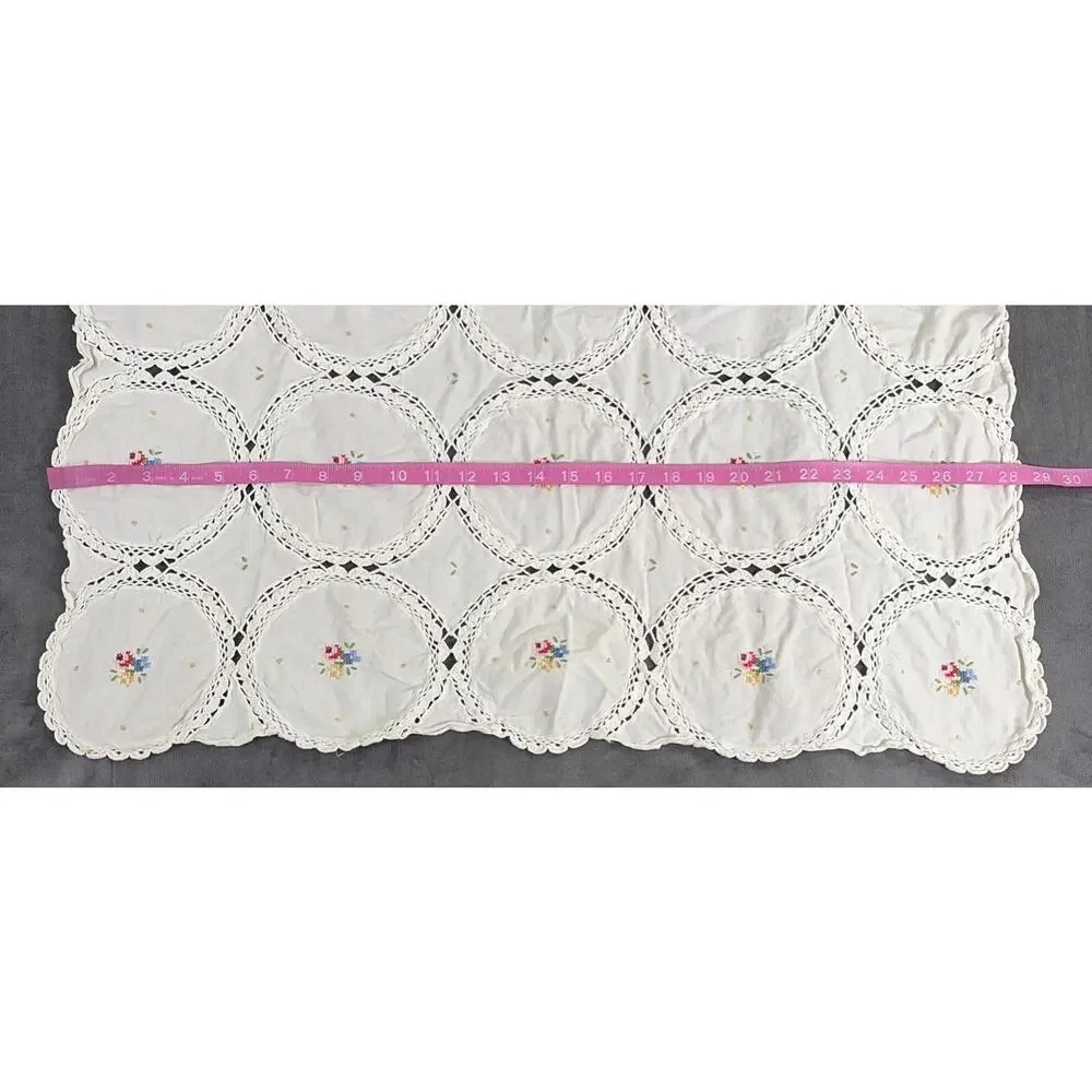 Vintage Table Cover 28in Square - Lace & Embroidered Flowers Cottage Boho Chrty